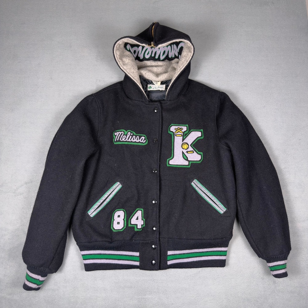 Vintage 80s Hooded Wool Varsity Letterman Jacket Black Snap Chenille Patch L